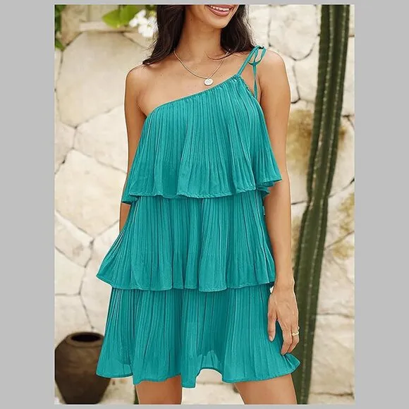 Summer One Shoulder Tie Mini Dresses Blue