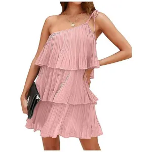 Summer One Shoulder Tie Mini Dresses Pink