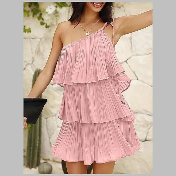 Summer One Shoulder Tie Mini Dresses Pink