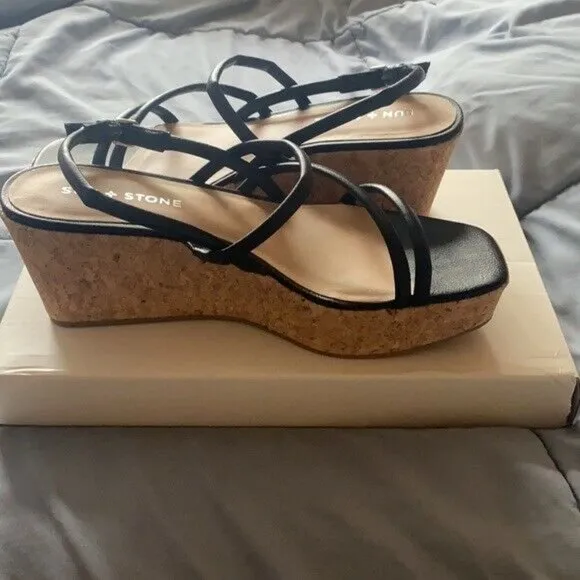 Sun   Stone Bella Platform Wedge Sandals Strappy Black Casual womens 7 M