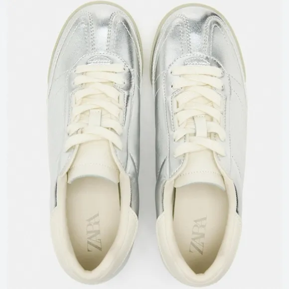 Sz38 Zara Metallic Silver Trainers / Sneakers
