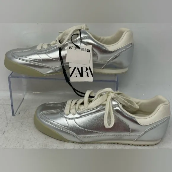 Sz38 Zara Metallic Silver Trainers / Sneakers