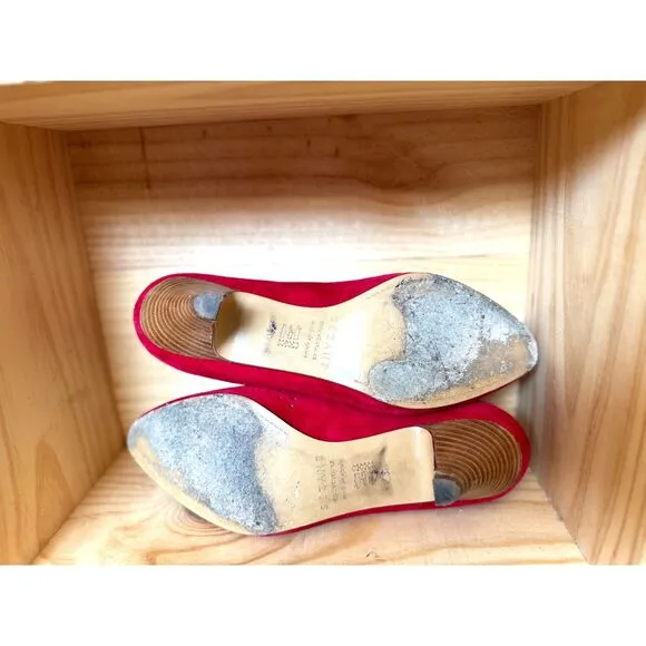 Sézane Low Josephine Courts Cherry Red Scalloped Suede Round Toe Heels SZ EU 38