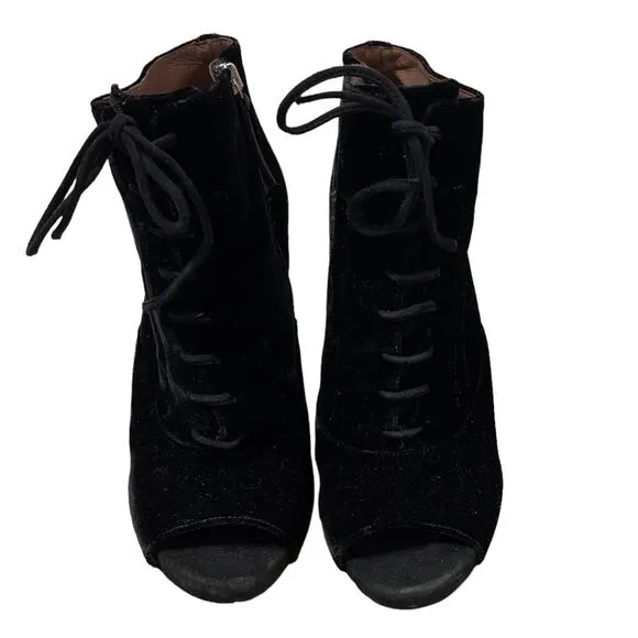 Tabitha Simmons Pace Lace Up Peep Toe Velvet Ankle Booties Black Size 6