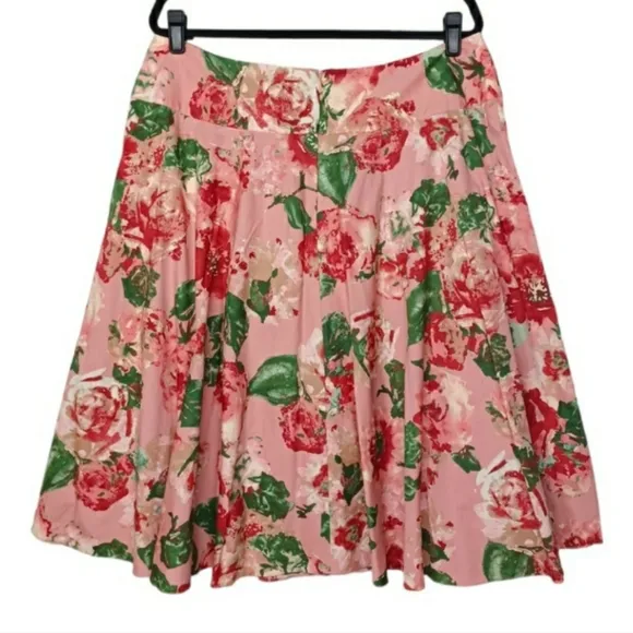 TALBOTS Red &amp; Green Floral Print A-line Full Pink Skirt 16 NWT
