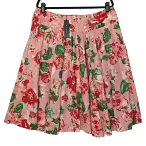 TALBOTS Red &amp; Green Floral Print A-line Full Pink Skirt 16 NWT