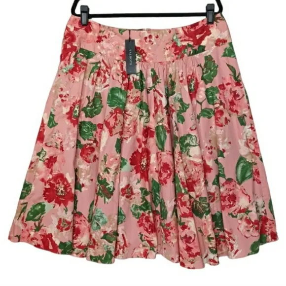 TALBOTS Red &amp; Green Floral Print A-line Full Pink Skirt 16 NWT