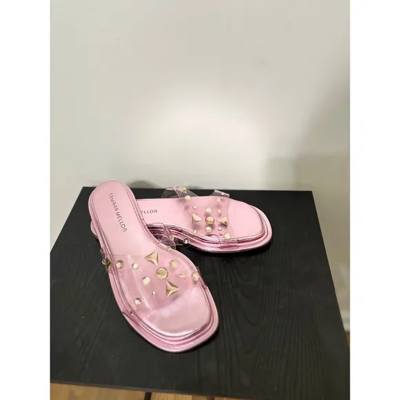 Tamara Mellon Studded Slides Clear Strap Pink Leather Sandals Size 39