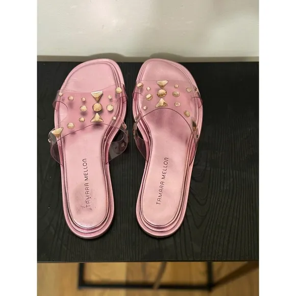 Tamara Mellon Studded Slides Clear Strap Pink Leather Sandals Size 39