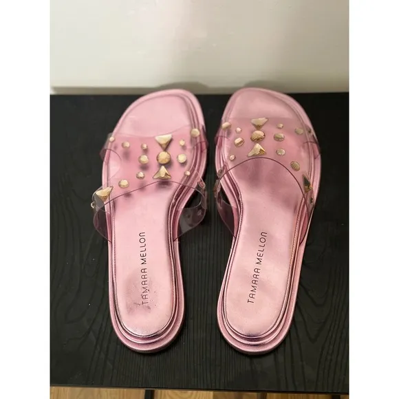 Tamara Mellon Studded Slides Clear Strap Pink Leather Sandals Size 39