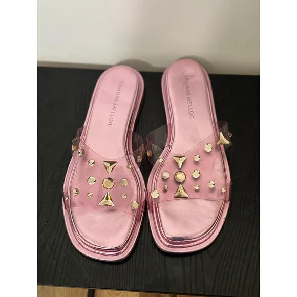 Tamara Mellon Studded Slides Clear Strap Pink Leather Sandals Size 39
