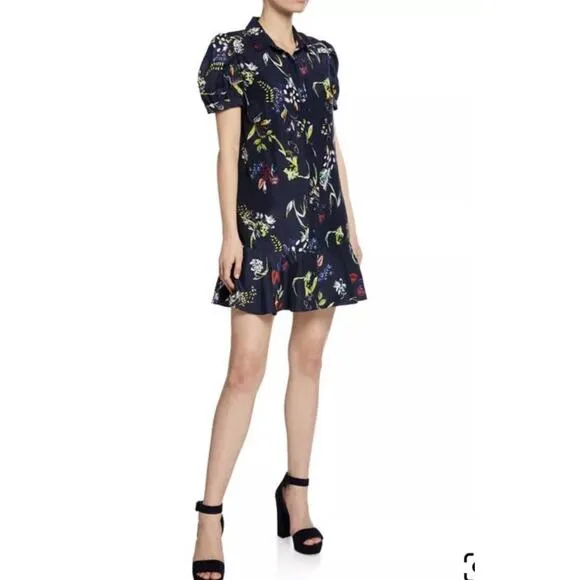 TANYA TAYLOR Navy Printed Floral Button Up Collared Aliciana Shirt Dress Size 14