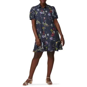 TANYA TAYLOR Navy Printed Floral Button Up Collared Aliciana Shirt Dress Size 14
