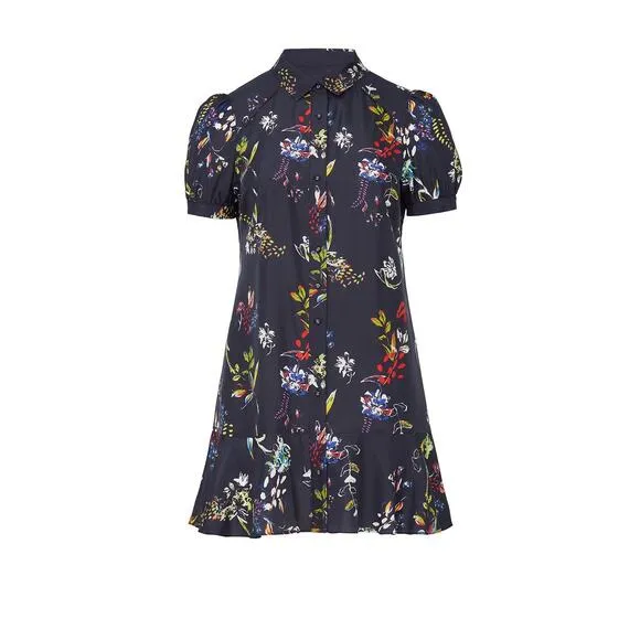 TANYA TAYLOR Navy Printed Floral Button Up Collared Aliciana Shirt Dress Size 14