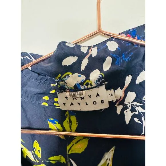 TANYA TAYLOR Navy Printed Floral Button Up Collared Aliciana Shirt Dress Size 14