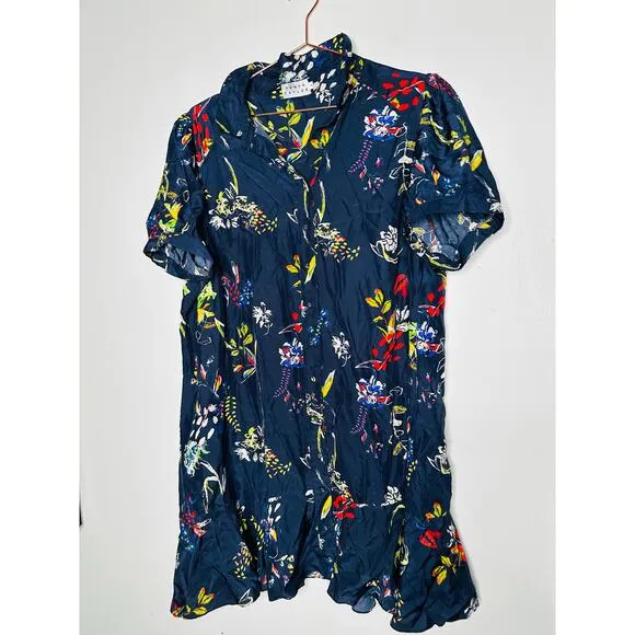 TANYA TAYLOR Navy Printed Floral Button Up Collared Aliciana Shirt Dress Size 14