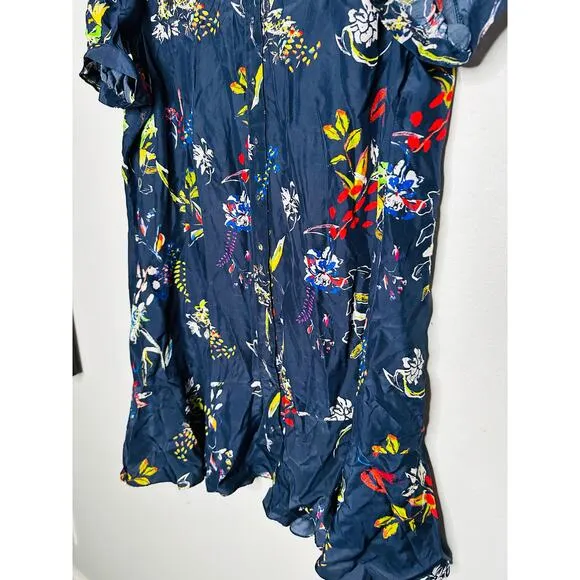 TANYA TAYLOR Navy Printed Floral Button Up Collared Aliciana Shirt Dress Size 14