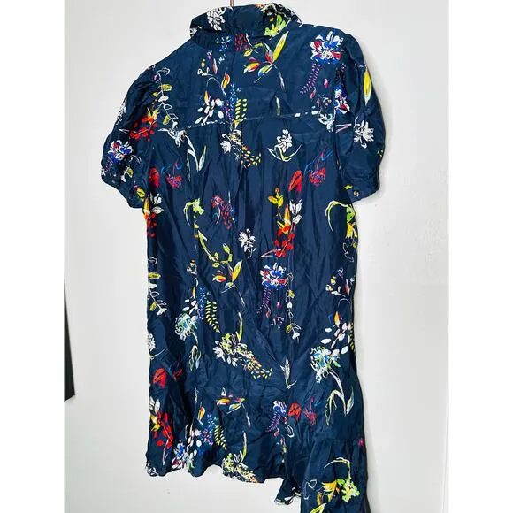 TANYA TAYLOR Navy Printed Floral Button Up Collared Aliciana Shirt Dress Size 14