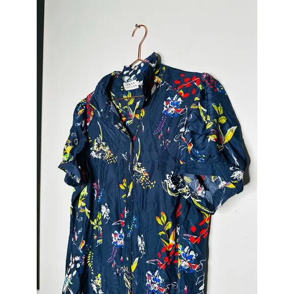 TANYA TAYLOR Navy Printed Floral Button Up Collared Aliciana Shirt Dress Size 14