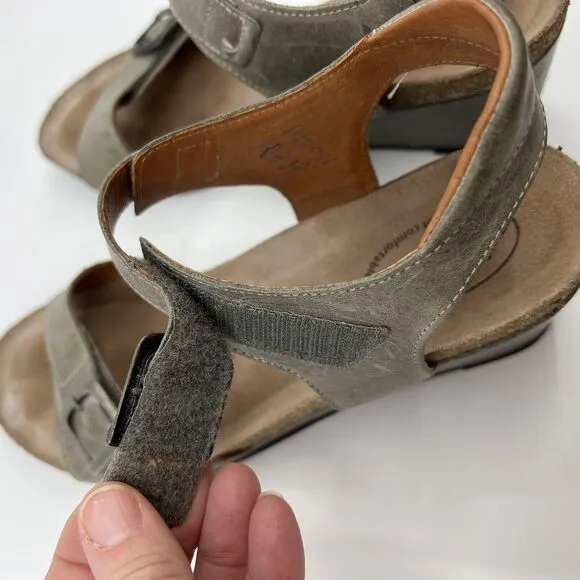 TAOS Buckle Up Wedge Sandals Leather‎ Gray Women 41 10-10.5 Cork Comfort