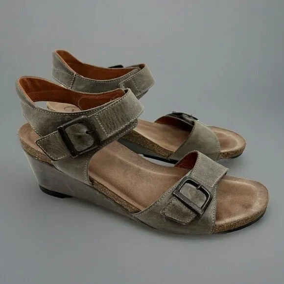 TAOS Buckle Up Wedge Sandals Leather‎ Gray Women 41 10-10.5 Cork Comfort