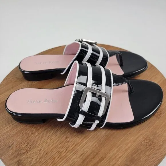 Taryn Rose IKIA Leather Buckle Thong Designer Sandals Heels Shoes 9.5 Msrp $199