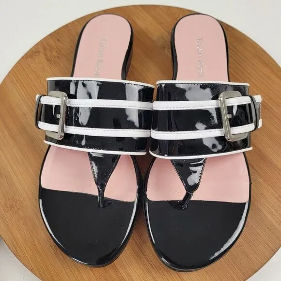 Taryn Rose IKIA Leather Buckle Thong Designer Sandals Heels Shoes 9.5 Msrp $199