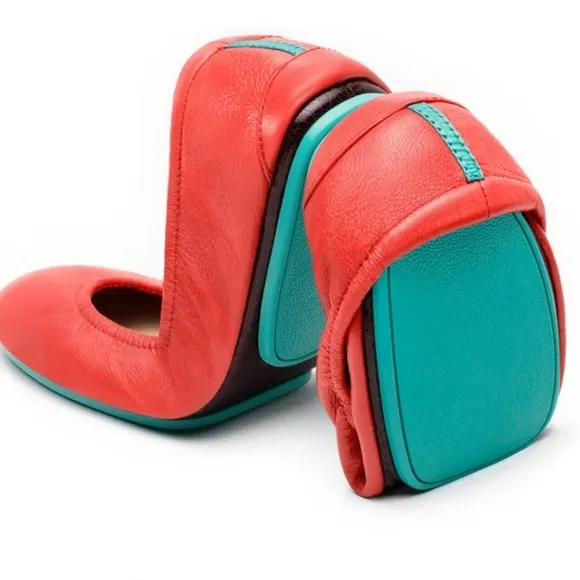 TIEKS Limited Edition Poppy Red Coral Ballet Flats Leather Slip On Shoes Sz 6