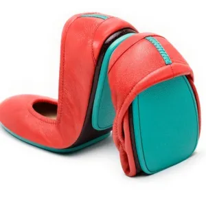 TIEKS Limited Edition Poppy Red Coral Ballet Flats Leather Slip On Shoes Sz 6