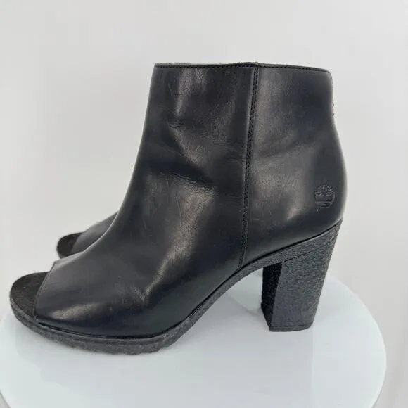 Timberland Tillston black leather peep toe heeled zip ankle boots 9.5 NEW