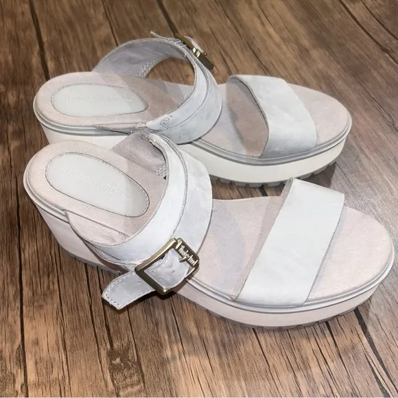 Timberland Women’s 9 Wedge Sandals Koralyn Band Nubuck Suede Taupe