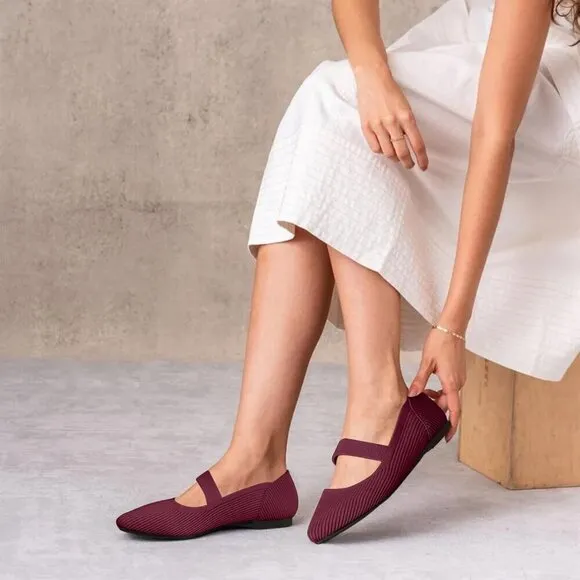 Tingrise Flat Shoes Women Red Knit Toe Ballet Comfortable Dressy Mary Shoes