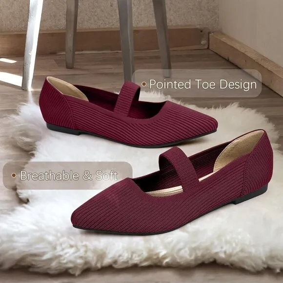 Tingrise Flat Shoes Women Red Knit Toe Ballet Comfortable Dressy Mary Shoes