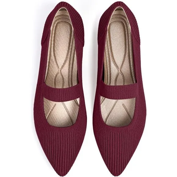 Tingrise Flat Shoes Women Red Knit Toe Ballet Comfortable Dressy Mary Shoes