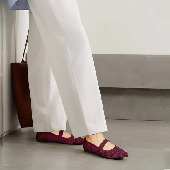 Tingrise Flat Shoes Women Red Knit Toe Ballet Comfortable Dressy Mary Shoes