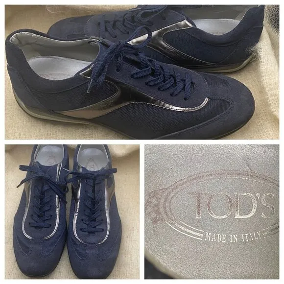 Tod's Driver Heel Mens Sneakers Size 10 Shoes Lace Up  Dark Blue Leather Suede