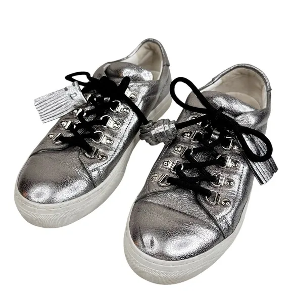 TOD’S Sportivo Metallic Leather Sneakers SZ 38 Fringe Silver Shoes