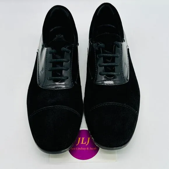 Tod's Women's Black Suede Patent Leather Lace Up Oxford Shoes Size 37 EU/ 7 US