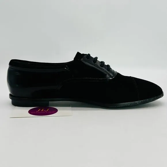 Tod's Women's Black Suede Patent Leather Lace Up Oxford Shoes Size 37 EU/ 7 US