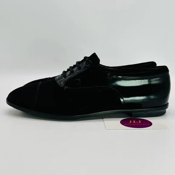 Tod's Women's Black Suede Patent Leather Lace Up Oxford Shoes Size 37 EU/ 7 US