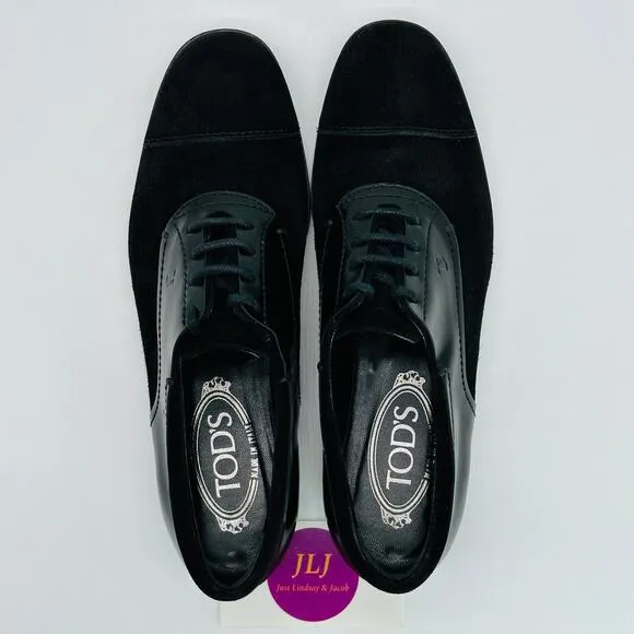 Tod's Women's Black Suede Patent Leather Lace Up Oxford Shoes Size 37 EU/ 7 US