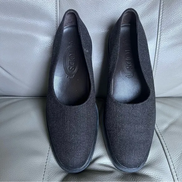 TOD’S Wool Slip On Shoes Sz 38 Gray Black Classic Minimalistic Low Heel Italian