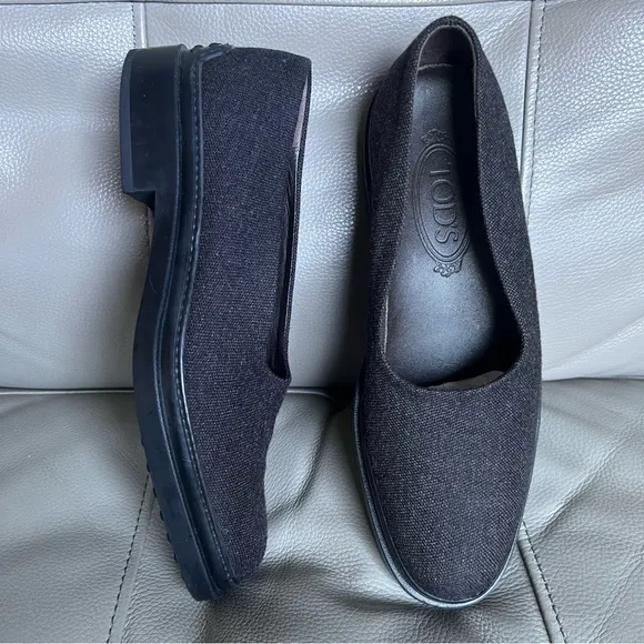 TOD’S Wool Slip On Shoes Sz 38 Gray Black Classic Minimalistic Low Heel Italian