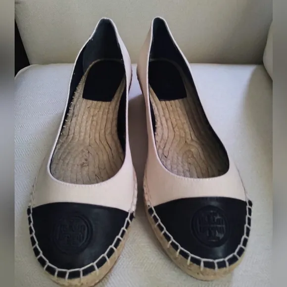 Tory Burch Black and Cream Espadrille Flats
