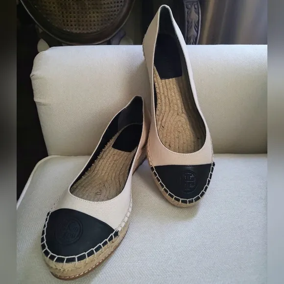 Tory Burch Black and Cream Espadrille Flats