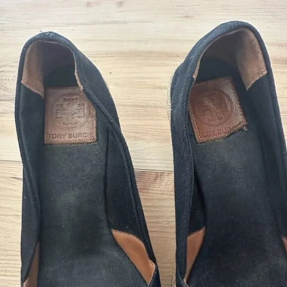 Tory Burch Black Flipa Open Toe Espadrille Wedges Shoes Sandals Size 9
