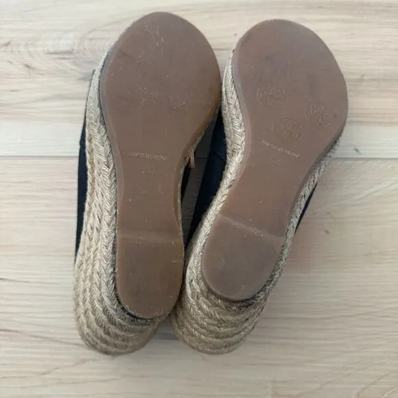 Tory Burch Black Flipa Open Toe Espadrille Wedges Shoes Sandals Size 9