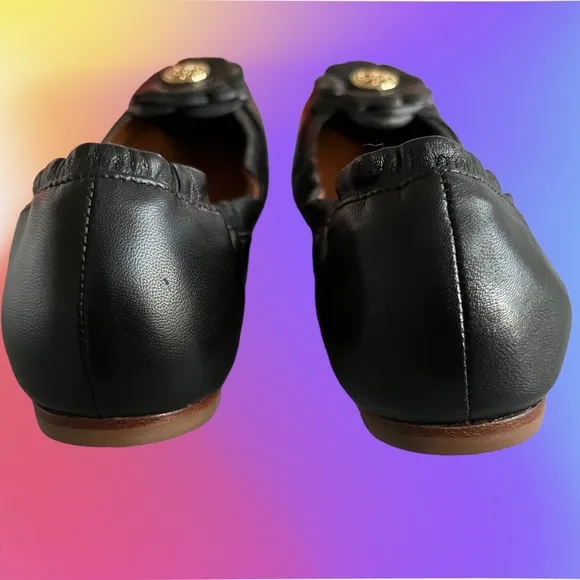 TORY BURCH BLACK FLOWER NEW BOX SHOES LEATHER LOGO BALLET FLATS 6