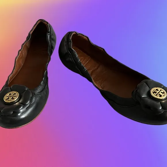 TORY BURCH BLACK FLOWER NEW BOX SHOES LEATHER LOGO BALLET FLATS 6