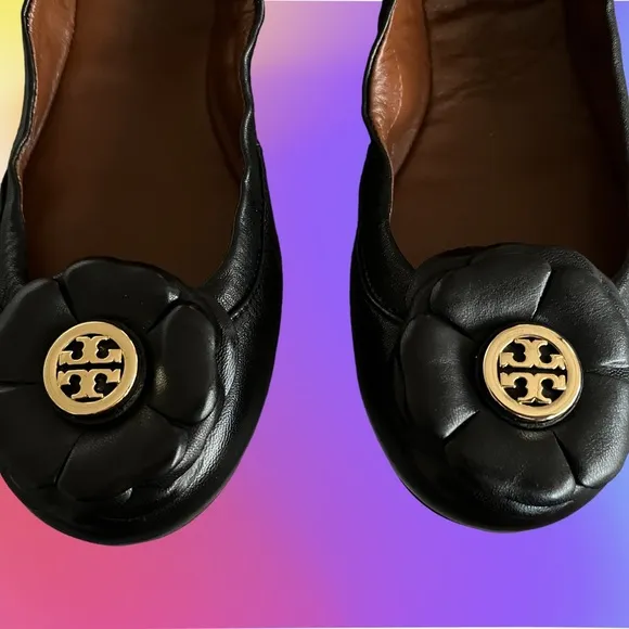 TORY BURCH BLACK FLOWER NEW BOX SHOES LEATHER LOGO BALLET FLATS 6